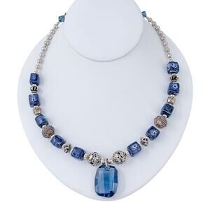 Vintage Sterling Silver 925 Porcelain Blue Swarovski Necklace 17.5"-19.5"